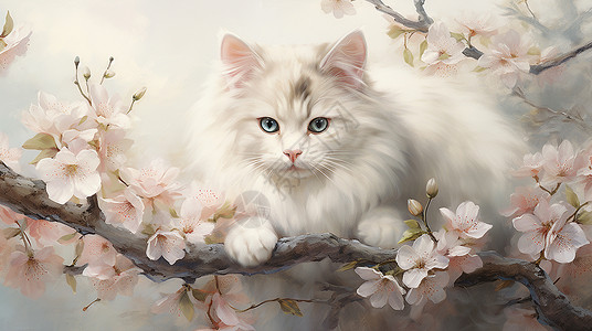 盛开的桃花枝上一只大大的卡通猫背景图片