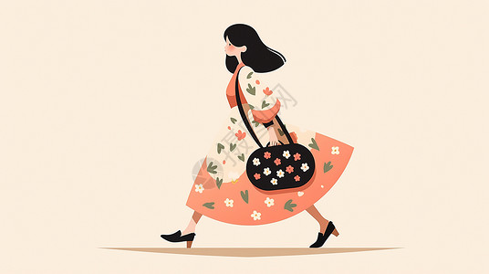 拎袋样机穿着花裙子拎着包大步走路的卡通女孩插画