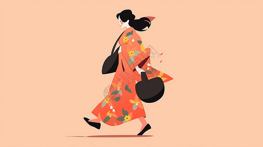 拎着黑色包包穿着传统服装开心走路的卡通女人背景图片