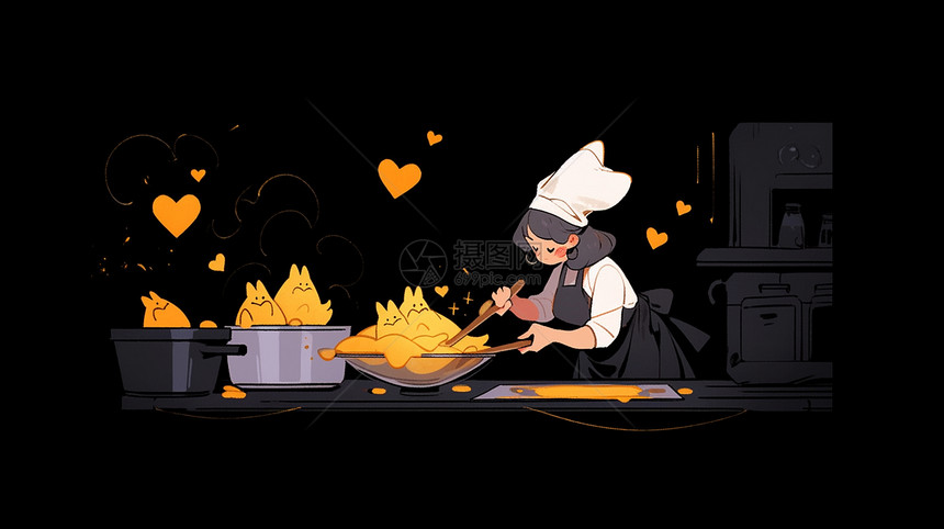 戴着厨师帽子在厨房做美食的卡通女孩图片