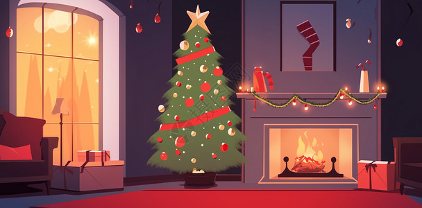 房间内壁炉旁放着一棵漂亮的卡通圣诞树背景图片