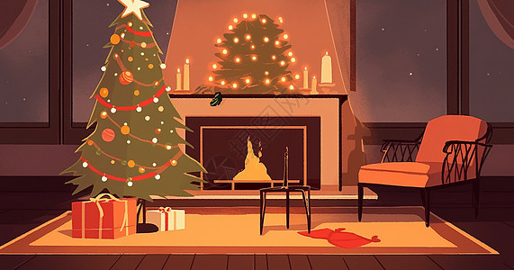 圣诞节点燃火温馨的壁炉与圣诞树卡通背景背景图片