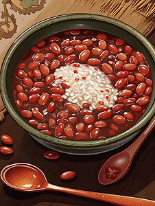 在墨绿色碗中美味喜庆的卡通红豆粥背景图片