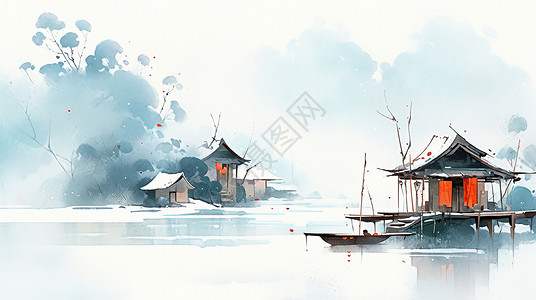 冬天湖边冬天水墨风景画湖边几座古风卡通小房子插画