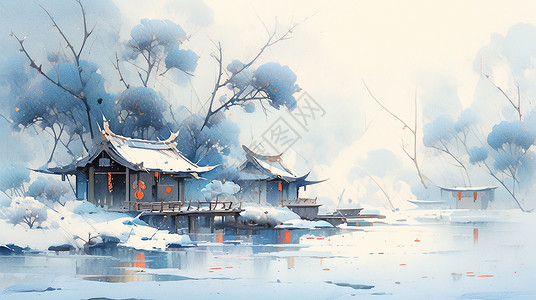 村庄水墨画雪中湖边几座挂灯笼的卡通小房子插画