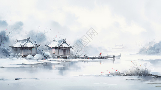 冬天春节冬天雪中湖边几座卡通小房子唯美水墨卡通风景插画