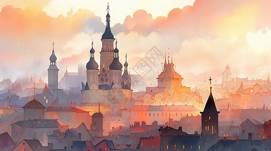 傍晚梦幻复古的卡通城堡背景图片