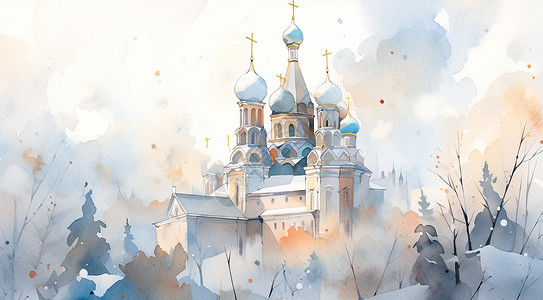 水彩风淡蓝色梦幻的卡通城堡背景图片