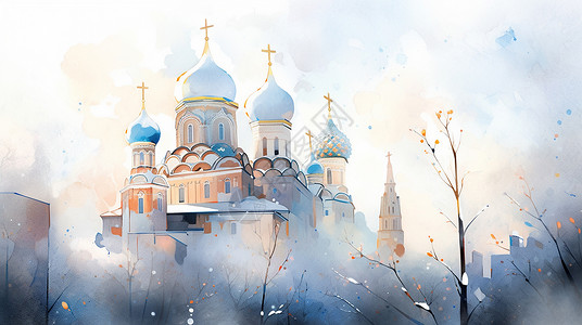 俄罗斯索契风情卡通城堡水彩风插画