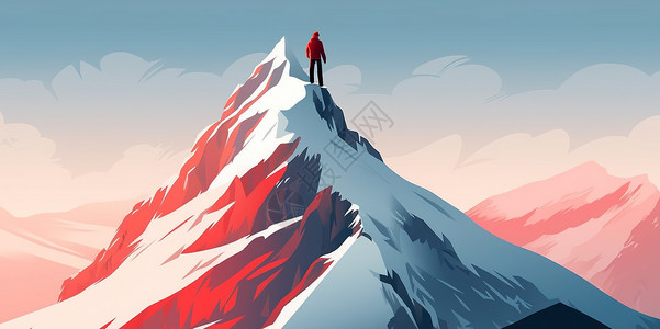 傍晚山顶傍晚站在雪山顶上的卡通人物背影插画