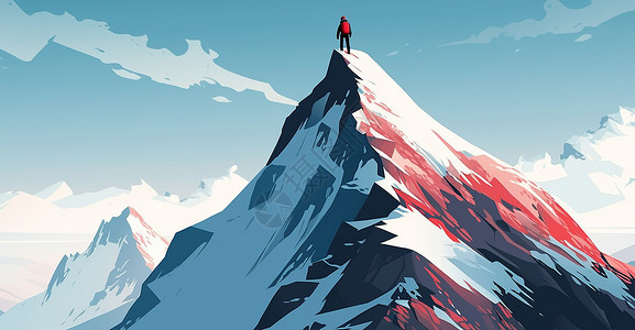 山顶的雪站在满是雪高山上的卡通人物插画