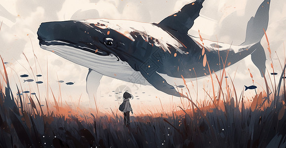 超现实鲸鱼背着包站在草地上的卡通小女孩与看着飞在空中的卡通大鱼插画