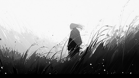 黑白色调在草地中的卡通人物剪影背景图片