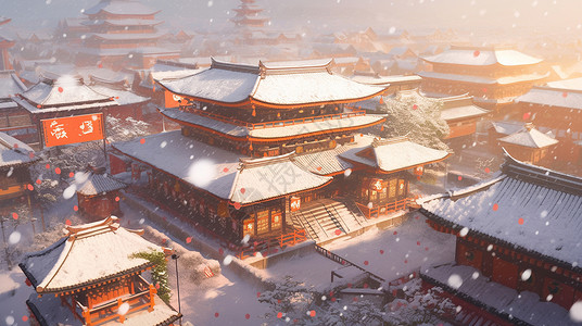 冬天雪中漂亮的卡通古城风景背景图片
