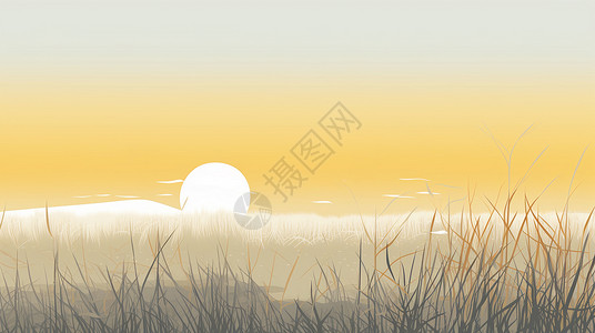 冬季落日淡黄色简便的天空与枯草芦苇丛唯美卡通风景插画