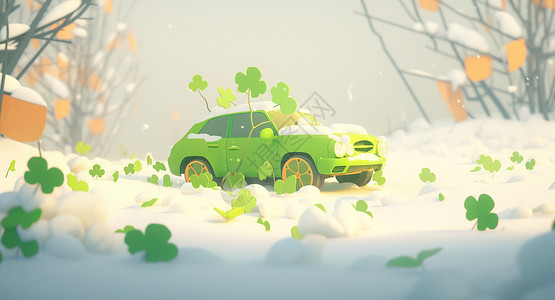卡通四叶草大雪中一辆绿色卡通汽车和满地的幸运草插画