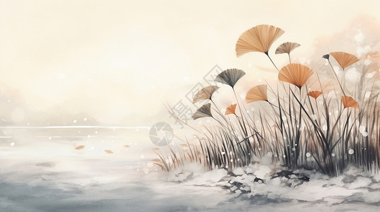 雪中湖畔凄凉的卡通植物唯美水墨风景插画背景图片