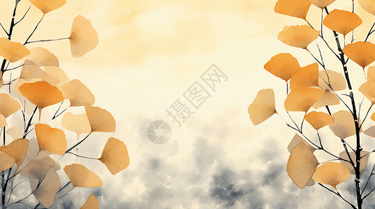 枯黄的银杏叶小清新水墨风景插画背景图片