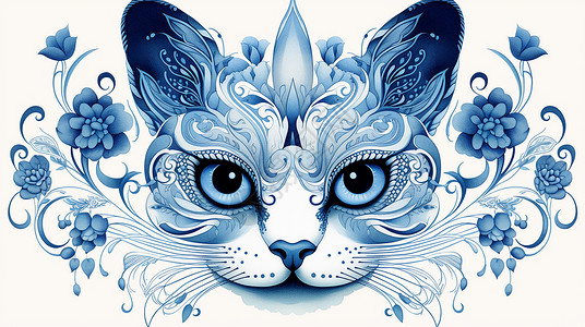 蓝色调卡通猫图案复古装饰画背景图片