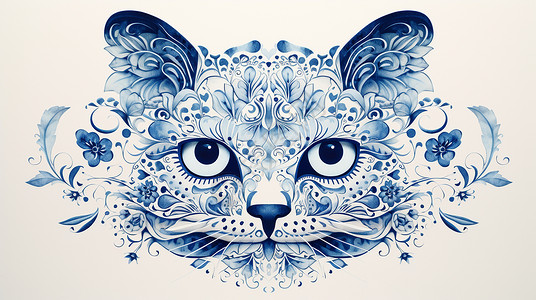 花纹猫大眼睛复古花纹图案卡通猫蓝色调插画