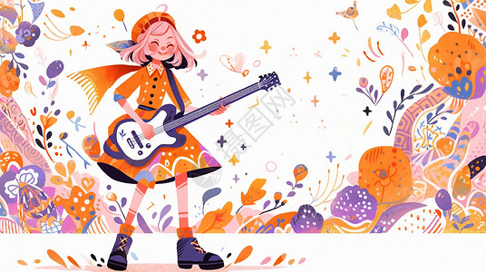 紫色吉他抱着吉他开心演奏乐器的卡通小女孩插画
