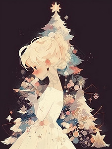 圣诞裙优雅的金发卡通女孩穿着公主裙站在圣诞树旁插画