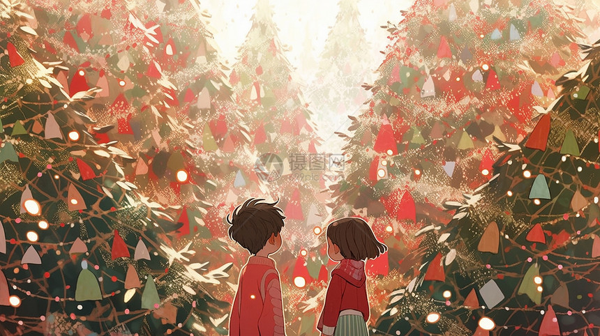 可爱的卡通小男孩小女孩在欣赏圣诞树图片