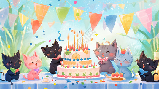 一群可爱的卡通小猫在过生日背景图片