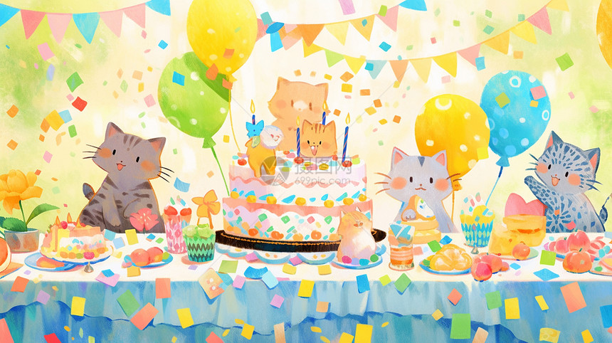参加生日派对的可爱卡通小猫们图片