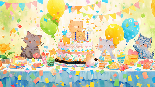 儿童过生日参加生日派对的可爱卡通小猫们插画
