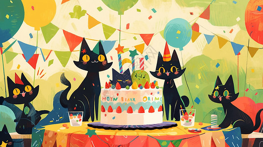 一群可爱的卡通小猫围着生日蛋糕过生日背景图片