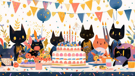 可爱卡通小猫们在过生日背景图片
