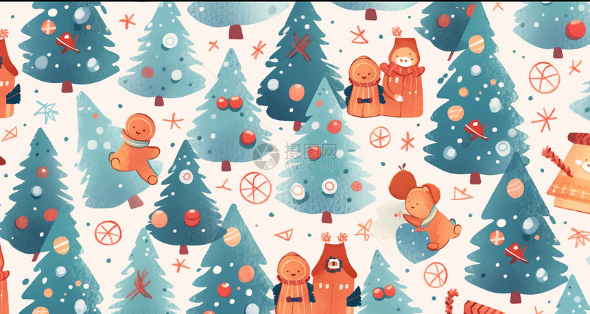 水彩风可爱的卡通圣诞树图案背景图片