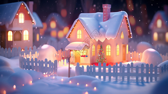 夜晚大雪中亮着灯温馨的卡通小屋背景图片