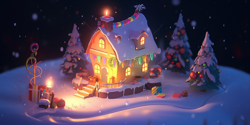 夜晚山坡上亮着灯温馨的卡通圣诞屋与圣诞树图片