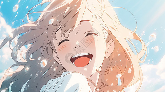 阳光照耀下开心大笑的卡通小女孩背景图片