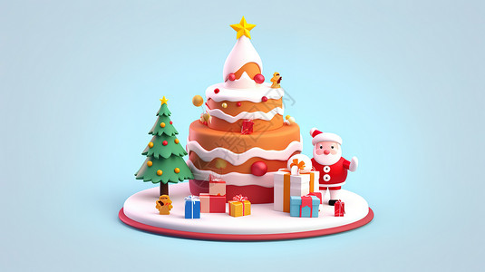 3d圣诞元素可爱圣诞蛋糕插画