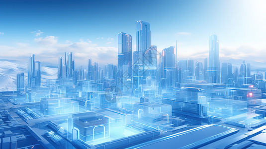科技板块透明蓝色商务建筑插画