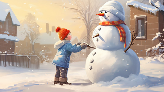 冬天可爱的孩子堆雪人背景图片