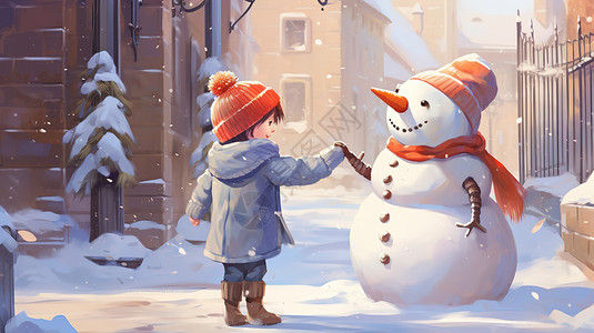 可爱孩子堆雪人孩子在冬天堆雪人插画