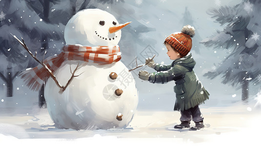 可爱孩子堆雪人下雪天孩子在堆雪人插画