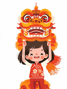 春节年俗舞狮可爱的卡通小女孩背景图片