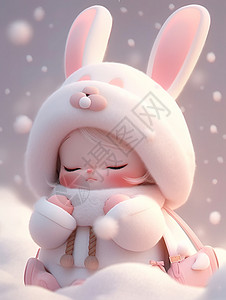 大雪中戴着兔耳朵帽子可爱的卡通小女孩背景图片