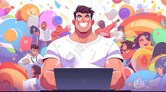 电脑开心穿着白色T恤坐在电脑前开心办公的卡通男人插画