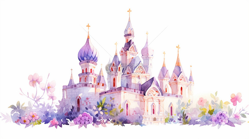 紫色调欧式复古卡通城堡水彩风图片