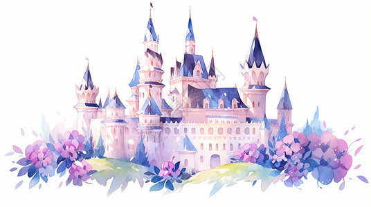 紫色花朵漂亮的复古欧式风情卡通城堡背景图片