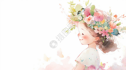 水彩卡通小女孩头戴花环面带微笑的可爱卡通小女孩插画