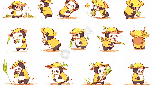 穿黄色外套可爱的卡通大熊猫多个动作背景图片