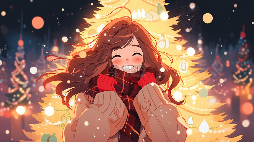 戴着红色手套站在圣诞树前开心笑的可爱卡通小女孩图片