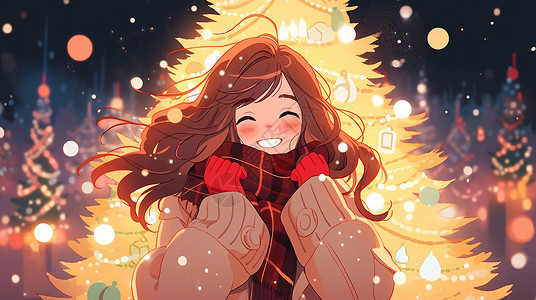 开心圣诞女孩戴着红色手套站在圣诞树前开心笑的可爱卡通小女孩插画